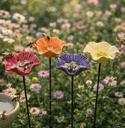 Handmade Ceramic Bee Feeders Weatherproof Flower Stakes 4 - Image 1