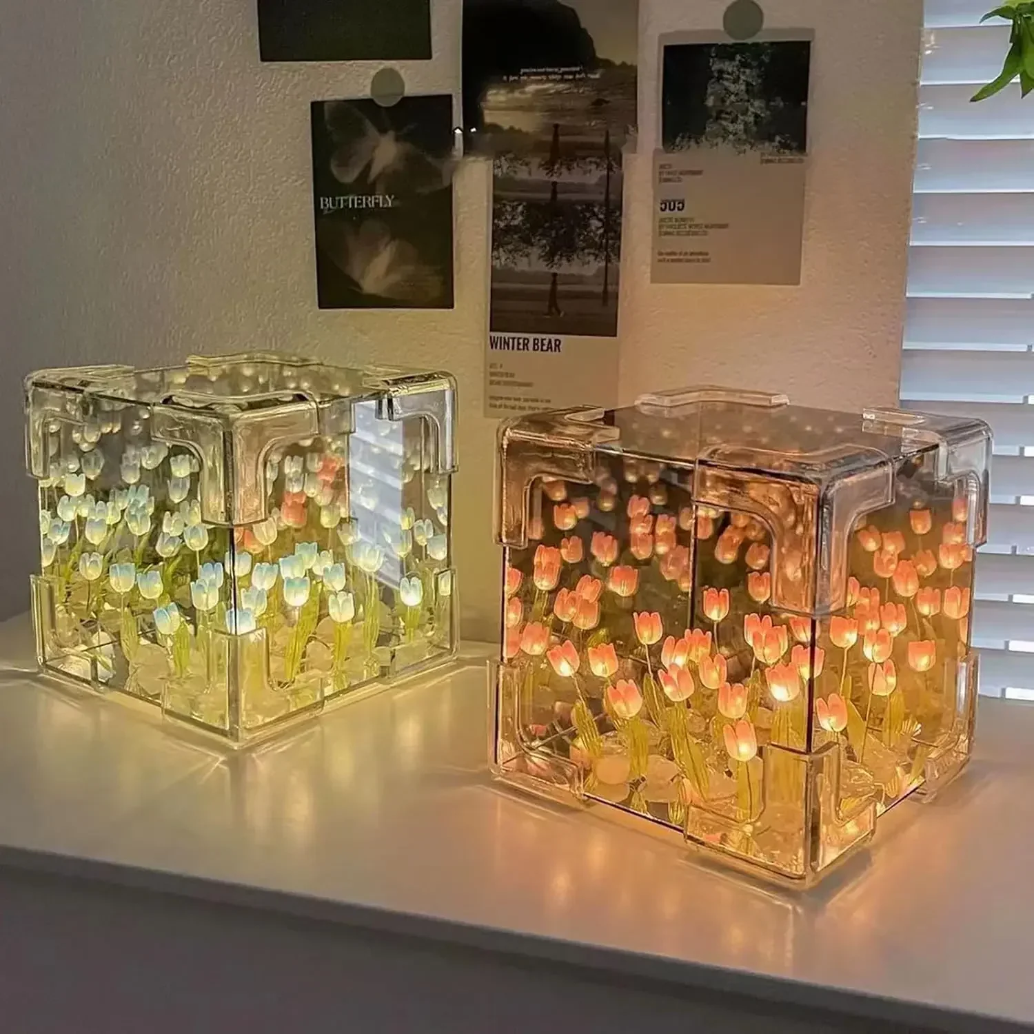 DIY mirror cube lamp with tulips
