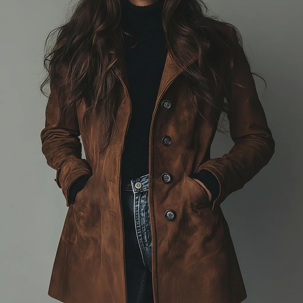 Women's Suede Trench Coat Long Classic Fit Belted Waist Fall Outerwear - Image 2